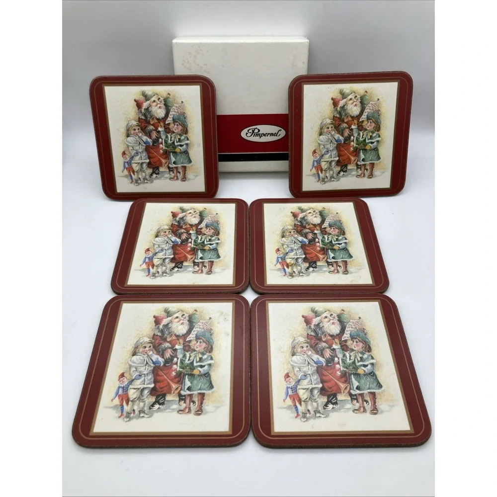 Vintage Set of 6 Pimpernel Father Christmas Coasters Cork Back Made England 4x4